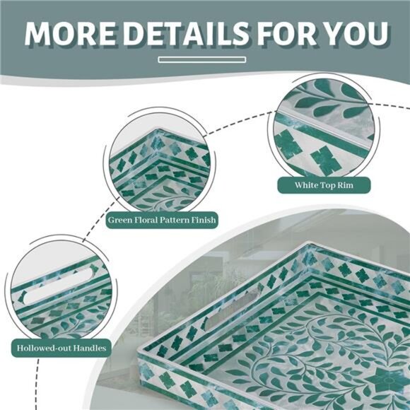 Green Rectangular Serving Tray Decorative Plastic Tray with Handles for Home - Picture 4 of 8